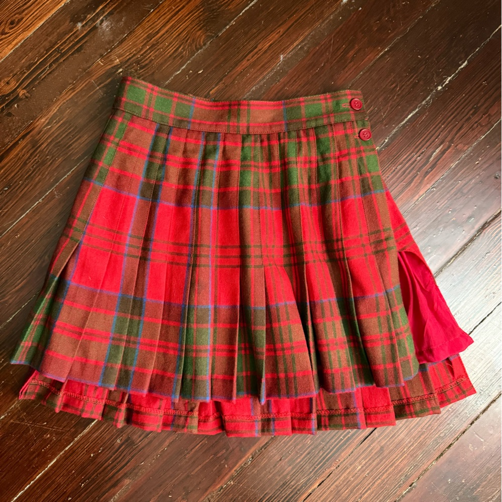 SOLD- Vintage Plaid Red and Green Pleated Wool Skirt